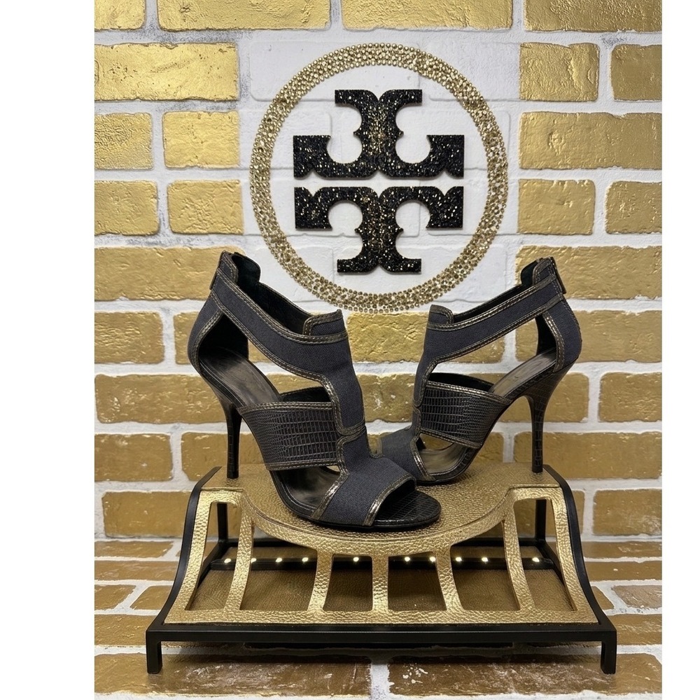 Tory Burch Cage‎ Gladiator Stiletto Heels Grey Fabric Crocodile Leather 9